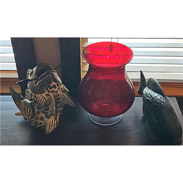 Decorative Red Glass Vase with Two Fish Figurines