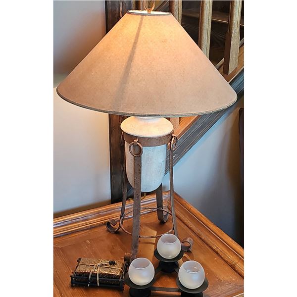 Table Lamp with Ceramic Jar Base and Metal Stand, Plus Three-Candle Holder
