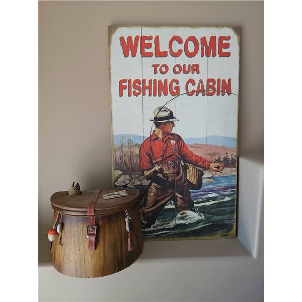 Wood Fishing Creel with Leather Strap and Fishing Decor