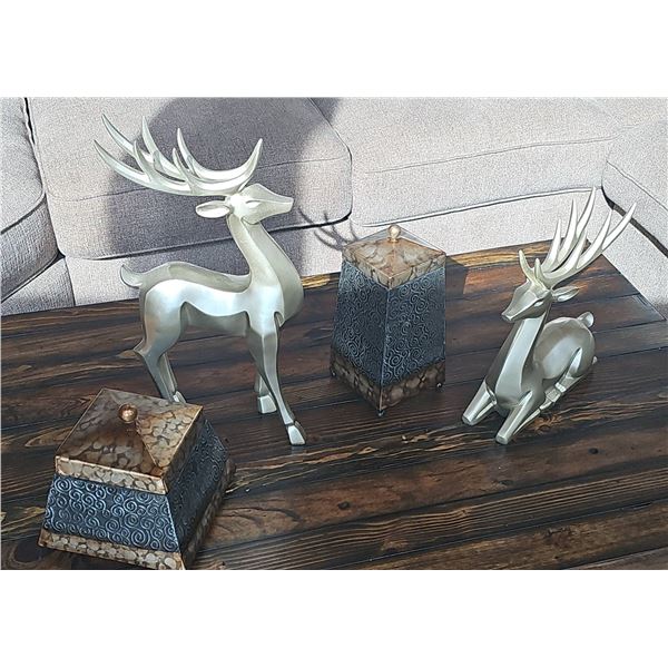 Metal Deer Sculptures with Two Decorative Lidded Boxes