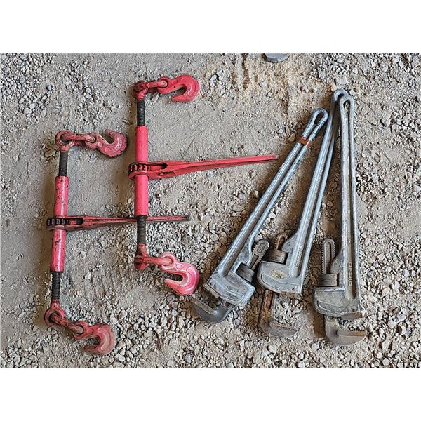 3 RIDGID 24 Inch Pipe Wrenches and 2 Heavy Duty Chain Load Binders