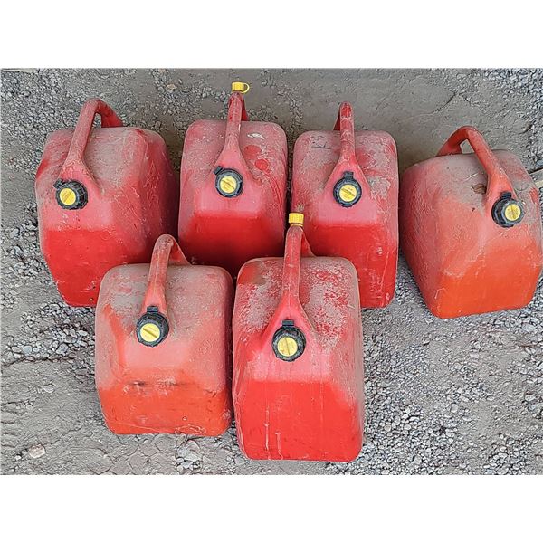 6 Red Plastic Gasoline Cans with Yellow Caps