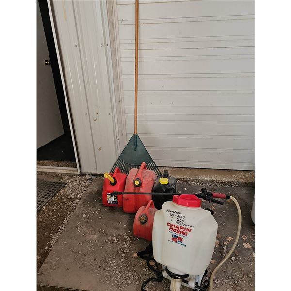 Gas Cans, Chapin Sprayer, and Lawn Rake