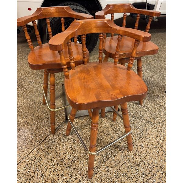3 Wooden Swivel Bar Stools With Arms and Brass Footrests