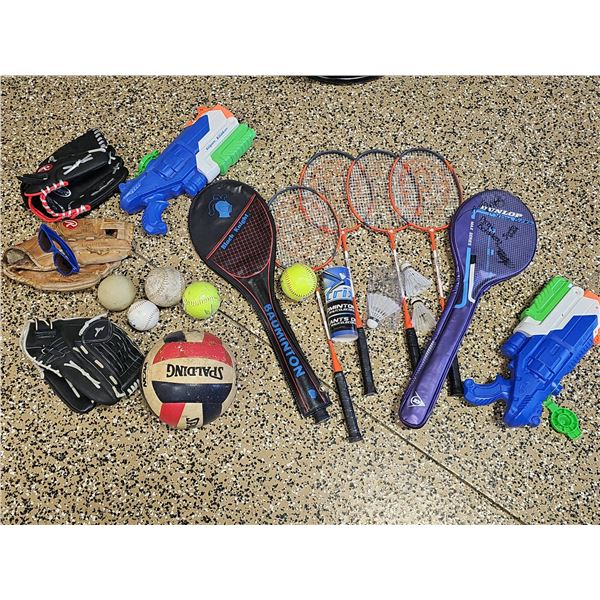 Sports Lot: Baseball Gloves, Badminton Rackets, Volleyball, Water Guns