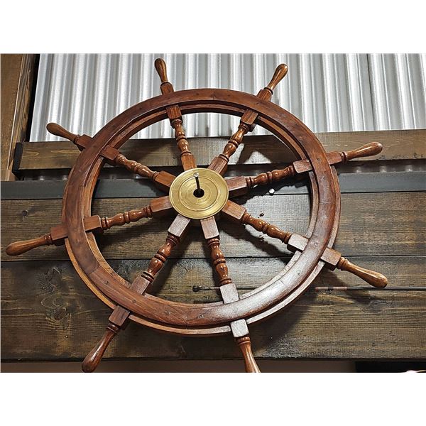 Solid Wood and Brass Ship's Wheel, 36-Inch Diameter Nautical Decor Piece