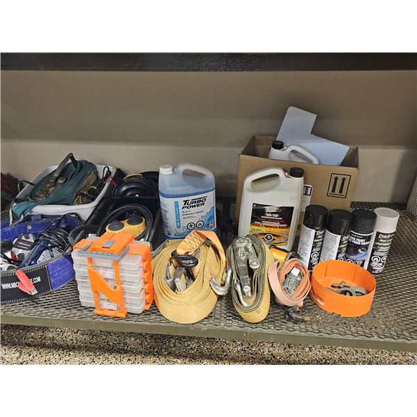 Automotive Maintenance Lot With Fluids, Ratchet Straps, Car Care Products, Tools