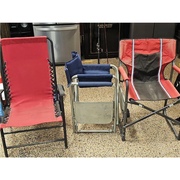 3 Folding Camping Chairs: 2 Red, 1 Blue Fabric With Metal Frames