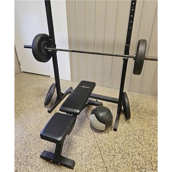 Adjustable AresFit Bench, Squat Rack, Rogue Weight Plates, Barbell, Medicine Ball