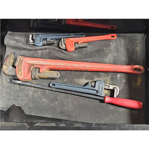 3 Pipe Wrenches, Ridgid and Generic, 24" and 10" Sizes, Mixed Origin