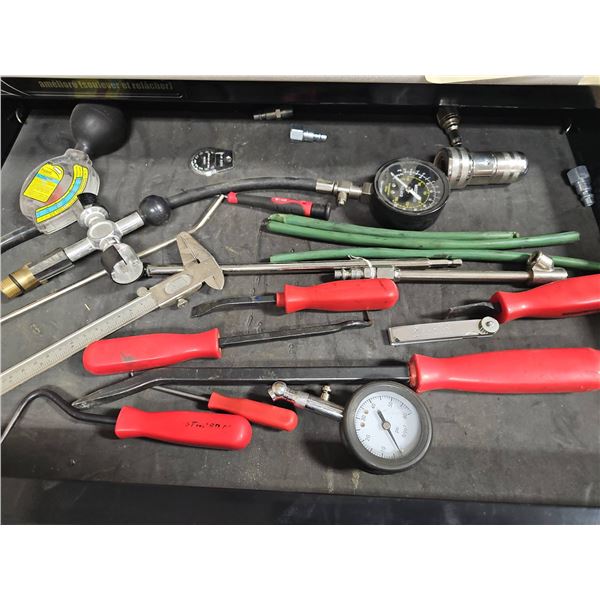 Automotive Diagnostic Tools with Pressure Gauges and Red Handles, Caliper Included