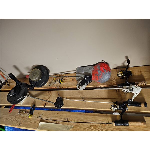 Large Fishing Lot With Rods, Reels, Tip-Ups, Subzero Gear, Lures, and Tackle