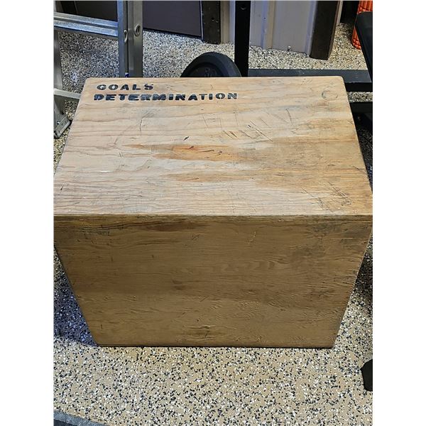 Wooden Plyometric Jump Box With 'Goals Determination' Text And Handholds