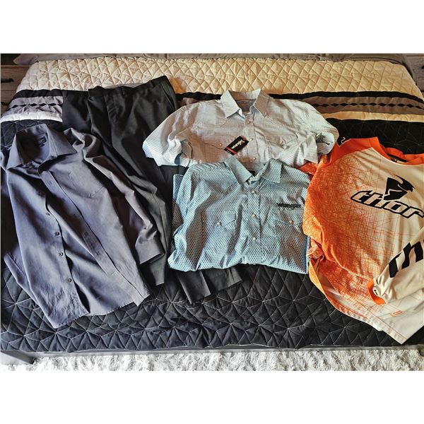 Men's Clothing Lot: Leo Chevalier Shirt, Wrangler XL Shirts, Thor Jersey, Pants