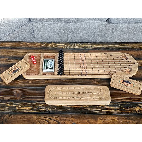 Michaud Toys Handcrafted Wooden Board Game Set with Cribbage and Horse Racing