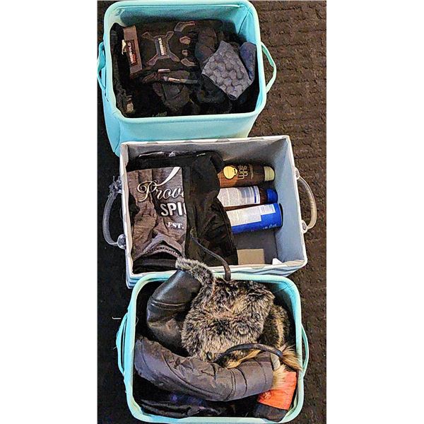 Outdoor Gear and Clothing in Storage Bins, Includes Gloves and Sun Protection