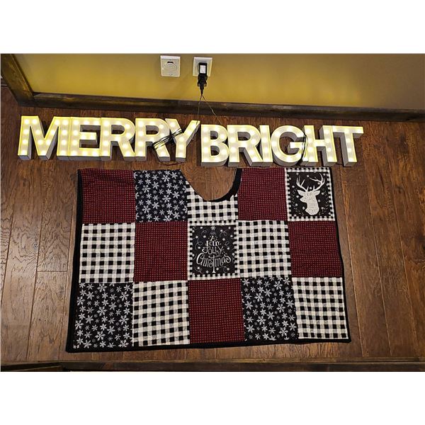 Lighted 'Merry Bright' Sign and Christmas Patchwork Quilt Wall Hanging