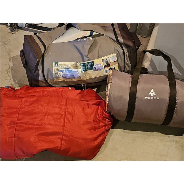 Woods Klondike 6 Tent With Woods Camimore 4 LB XL Sleeping Bag and Red Sleeping Bag