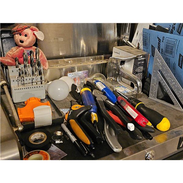 Hand Tools Lot With Drill Bits, Pliers, Clamps, Square, Screwdrivers, Fasteners
