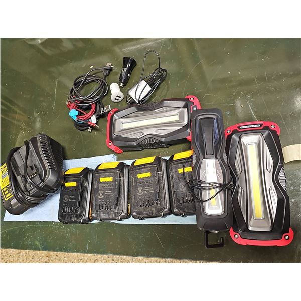 DeWalt DCB115 Charger, 4 Batteries, 3 LED Work Lights, and Charging Cables Bundle