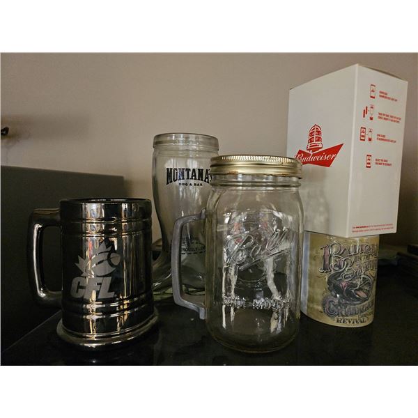 Beer Stein and Glass Mug Lot Including CFL, Montana's, Ball, Budweiser Red Light Glass