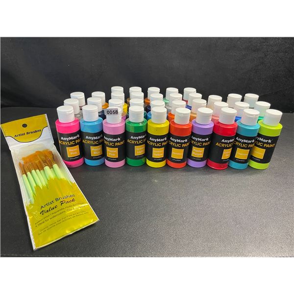 Lot of 35 AnyMark Acrylic Paints (60ml) Assorted Colours - With Pack of Artist Brushes - Brand New!