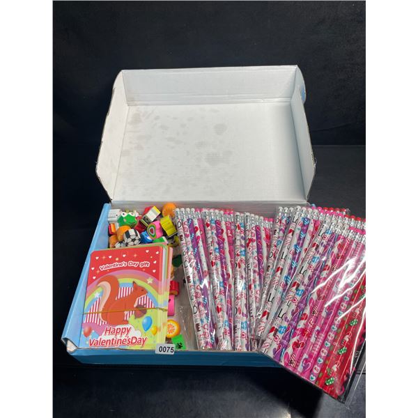 Large Set of Valentines Stationary/School Supplies (Pencils, Erasers, Cards) - New