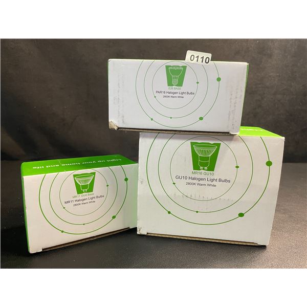 3 Boxes of Assorted New Light Bulbs - E26 Base & GU10 Halogen Light Bulbs (See Photos) - New!