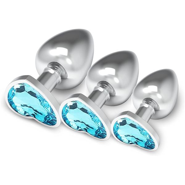 3-Pack of Jewelled Heart Shaped Metal Butt Plugs/Sex Toys; 3 Assorted Sizes Included - Brand New