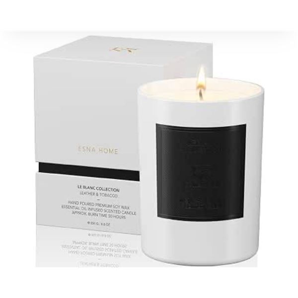 ESNA HOME Le Blanc Collection Leather & Tobacco Premium Scented Soy Wax Candle (250g) NEW