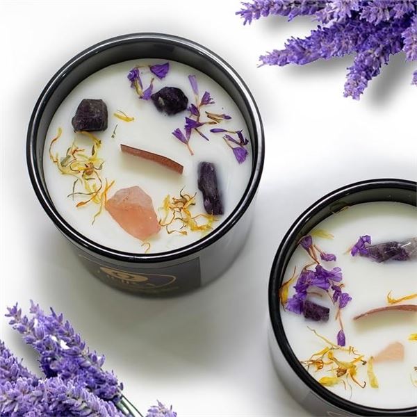 Hura Elegance Luxury Soy Wax Scented Candle (300g) Lavender & Sage with Crystals/Flowers - New