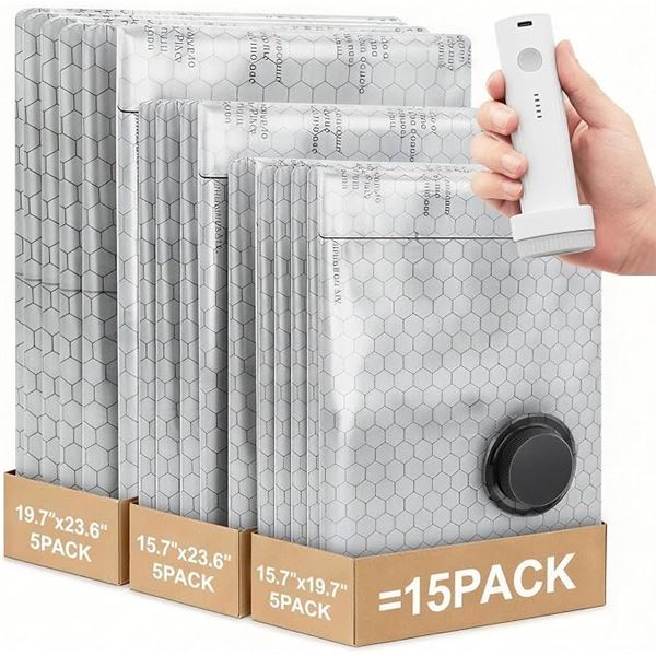 15-Pack Travel Vacuum Storage Bags w/ Electric Cordless Pump - Space-Saving Large Vacuum Bags - NEW