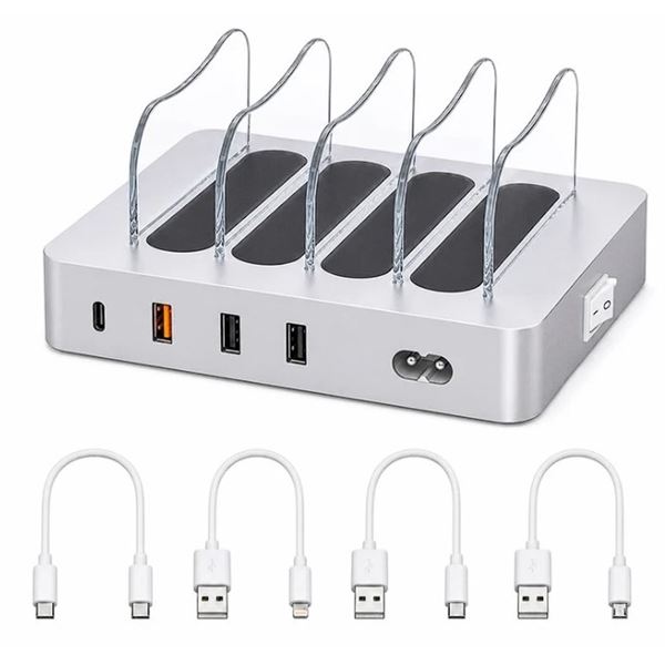 4-Port USB Charging Station with 20W USB-C PD and 4 Cables for Charging Multiple Devices - New!