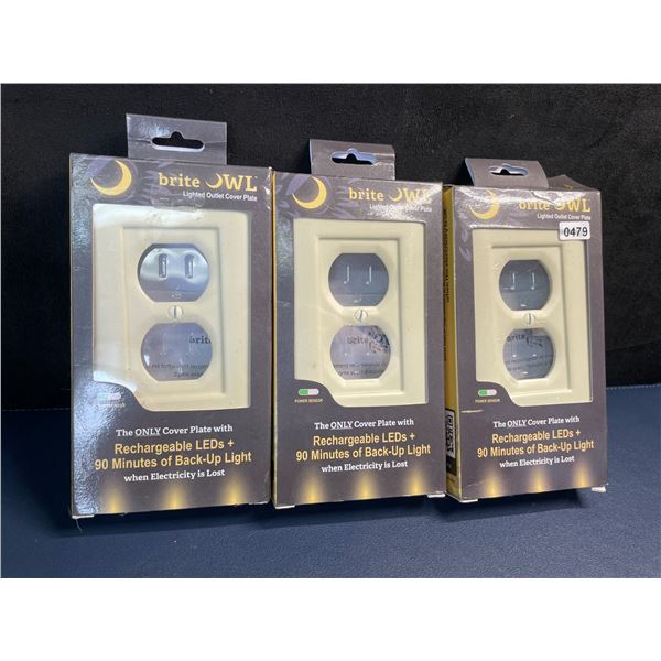 Lot of 3 Brite Owl Rechargeable LED Lighted Outlet Cover Plates - Brand New!