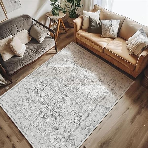Large 5FT x 7FT Area Rug/Carpet for Indoors - Gray Floral/Vintage Design w/ Non-Slip Backing - NEW