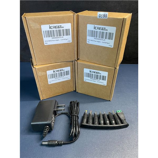 Lot of 4 Universal Plug-In Power Supply Adapters with 8 Assorted DC Plugs/Tips/Connectors - New