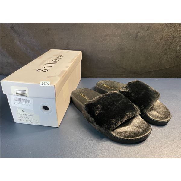 Black Fuzzy Fur Slide Sandals for Women (Size 6) - New in Box