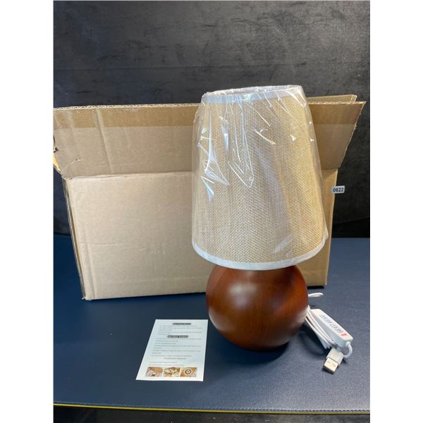 Wooden Coconut Design Bedside Table Lamp with Linen Shade - Brand New