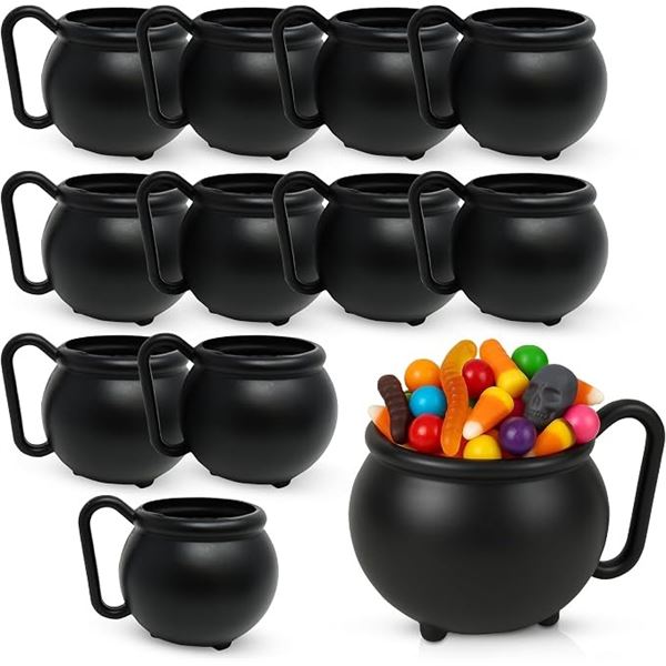 12-Pack Box of Cauldron Plastic Mugs/Halloween Drinking Mugs (12oz) Black - New