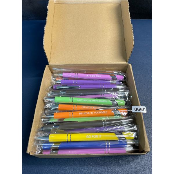 Box of 25 Ballpoint Pens with Inspirational Quotes - Assorted Colours - New