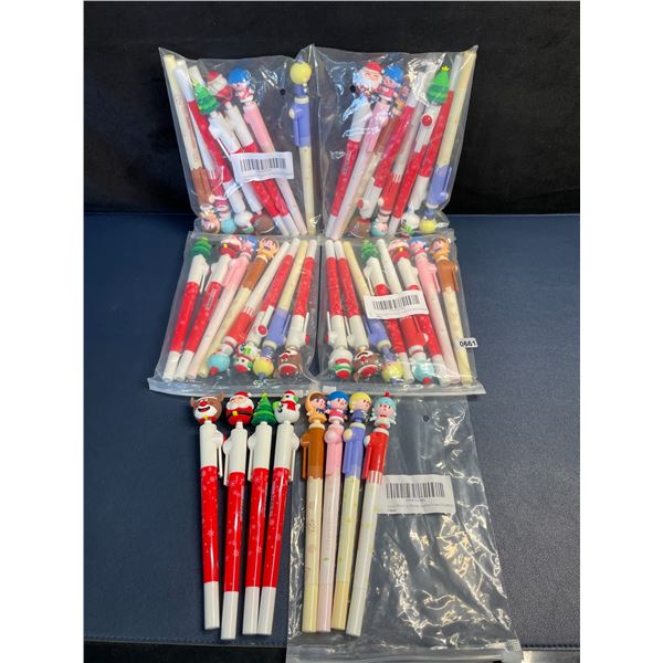 Lot of 40 Cute Kawaii Cartoon Christmas Pens with 3D Toppers (5 packs/8pcs Each) - New