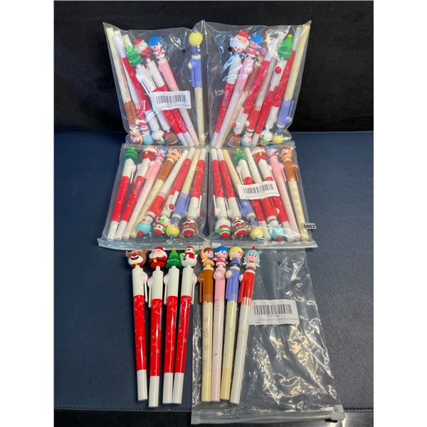 Lot of 40 Cute Kawaii Cartoon Christmas Pens with 3D Toppers (5 packs/8pcs Each) - New