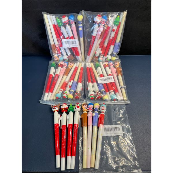 Lot of 40 Cute Kawaii Cartoon Christmas Pens with 3D Toppers (5 packs/8pcs Each) - New