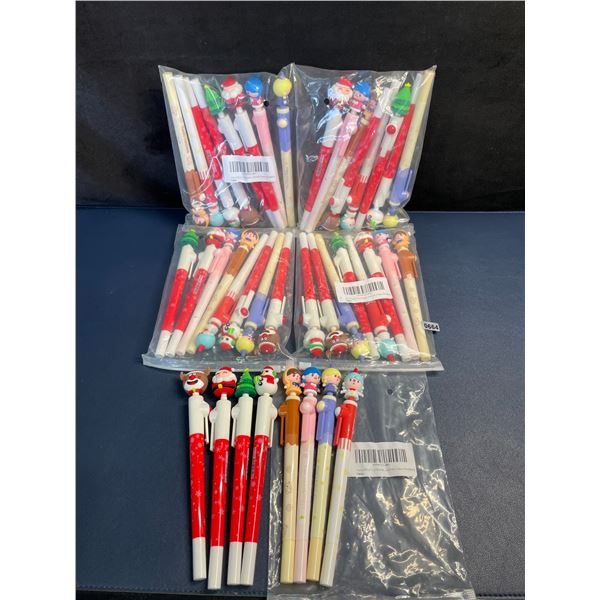 Lot of 40 Cute Kawaii Cartoon Christmas Pens with 3D Toppers (5 packs/8pcs Each) - New