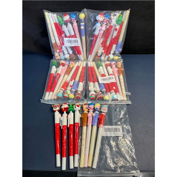 Lot of 40 Cute Kawaii Cartoon Christmas Pens with 3D Toppers (5 packs/8pcs Each) - New
