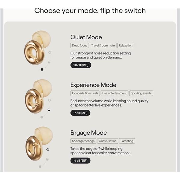 Loop Switch 2 Adjustable Ear Plugs; 3 Noise Relief Modes/Noise Reduction Earplugs (Gold) NEW