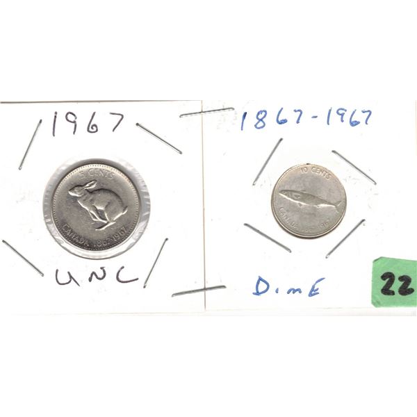 1967 Canadian centennial nickel and dime, PROOF