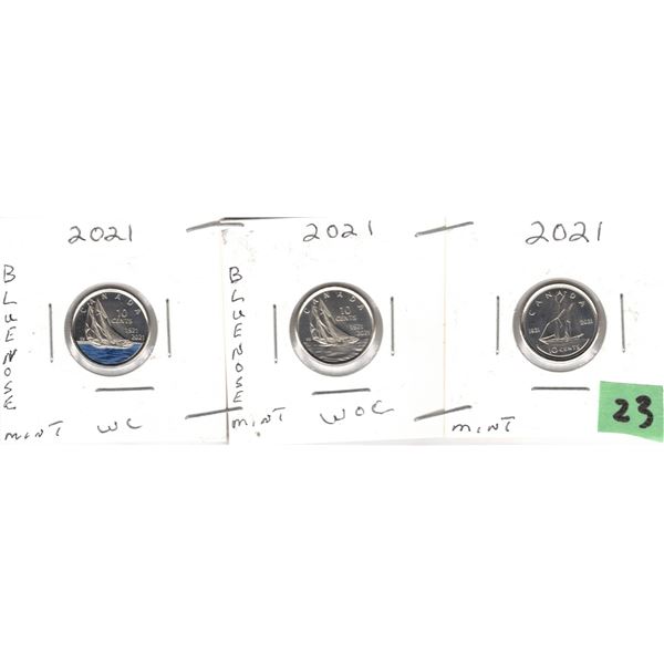 2021 Canadian Dimes , Blue Nose with colour, without colour and regular coin PROOF