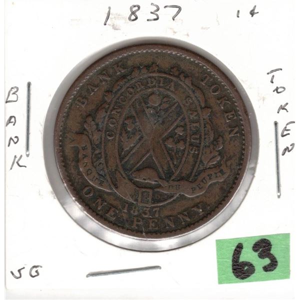 1837 One Penny / 2 Sous "Habitant" Bank Token Lower Canada