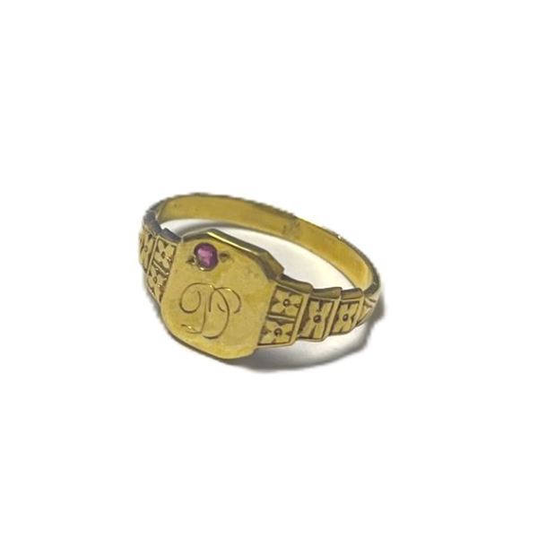 Gold Ring , Size 4,  10KT,  Letter D embossed and small red stone , 1.8 g